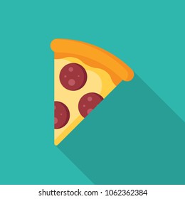 Pizza slice flat icon with long shadow isolated on blue background. Simple pizza in flat style, vector illustration for web and mobile design. Fast food elements vector sign symbol.