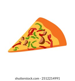 Pizza slice flat illustration icon vector with various toppings. Pizza logo. Fast food illustration.	