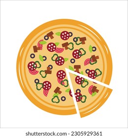 Pizza rebanada plana. Pizza aislada de fondo blanco. Ilustración vectorial.