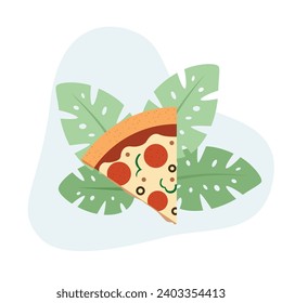 Pizza slice flat vector Illustration icon decorated with leaves for web use for fast food, meal, slice, pizzeria