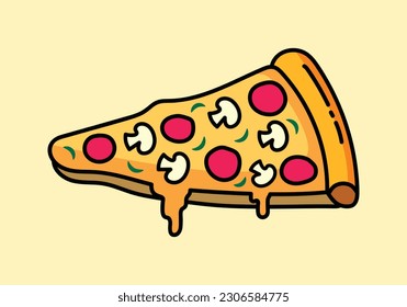 Pizza slice flat vector logo concept. Hand drawn and cartoon style of a pizza with pepperoni and mushroom. Suitable for food related branding or illustration.