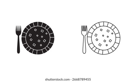 Rebanada de pizza con contorno de icono de tenedor y estilo relleno