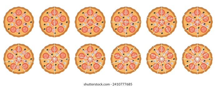 Pizza slice with fractions. Vector illustration.