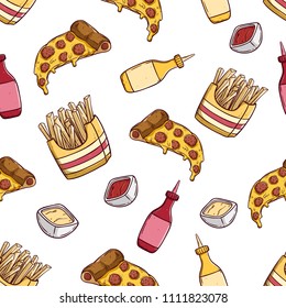 pizza slice with french fries in seamless pattern with colored hand drawn style