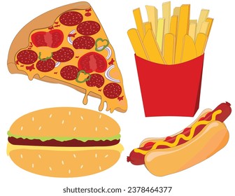 Pizza slice fried potatoes sandwich and hot dogo logo design; fast food design items on white background