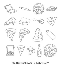 pizza slice full box tools mushroom sauce outline design isolated white background