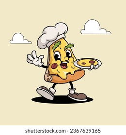 Pizza Slice Funny Cartoon Retro Pizza Character as Pizza Chef. Best for Pizzeria designs. Vector illustration.