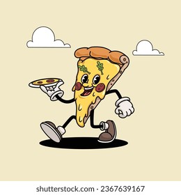 Pizza Slice Funny Cartoon Retro Pizza Character walking. Best for Pizzeria designs. Vector illustration.