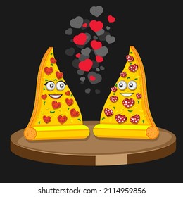 Pizza slice girl guy hearts valentine's day on dark isolated background vector image  