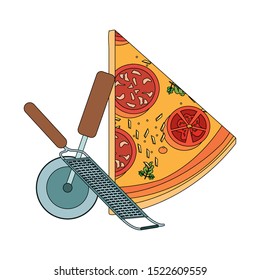 pizza slice with grater and cutter over white background, vector illustration
