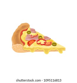 Pizza slice with ham and flowing cheese, olives, red pepper and tomatoes. Delicious fast food. Flat vector design for cafe menu, poster or flyer