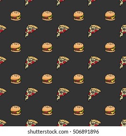 Pizza slice and hamburger cartoon vector illustration seamless pattern food background
