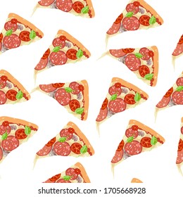 Dibujo a mano de lonchas de Pizza vectorial sin fisuras. Piperoni de fondo, tomate, champiñones, albahaca, ingredientes de queso mozzarella. Concepto de pizzería, elemento de diseño. Cocina, pastel de masa.