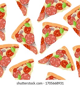 Pizza slice hand drawn cartoon vector seamless pattern. Background pepperoni, tomato, mushrooms, basil, mozzarella cheese  ingredients. Pizzeria concept, design element. Cooking, baking dough cake.