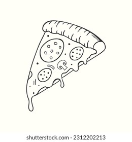 Pizza slice hand drawn illustration with melted cheese