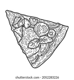 Pizza slice hand drawn vector illustration. Ink graphic line art. Outline sketch for markets, shops. Clip art Poster for print. Coloring page. Isolated on white background