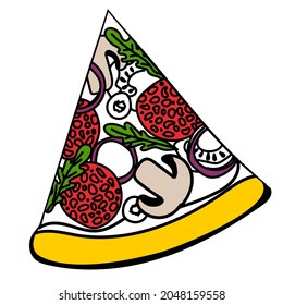 Pizza slice is a hand-drawn drawing in the style of a doodle. For use on textiles, packaging paper, souvenirs, printing, posters, postcards. Vector illustration.