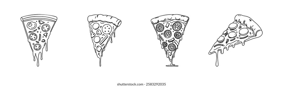 Pizza slice. Hand-drawn pizza slice sketch. Design element for pizzeria package, logo, emblem, poster, icon, menu. Sketch illustration.