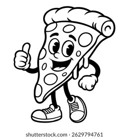 The pizza slice has a happy, expressive face with large eyes, raised eyebrows, and a wide smile showing a tongue and teeth.

