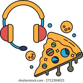 Ein Pizzaschnitt mit einem Headset darauf. Die Pizzaschnitte ist mit Soße und Käse bedeckt, und das Headset wird darüber gelegt. Konzept von Spaß und Unfall