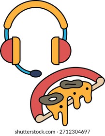 Ein Pizzaschnitt mit einem Headset darauf. Die Pizzaschnitte ist mit Soße und Käse bedeckt, und das Headset wird darüber gelegt. Konzept von Spaß und Unfall