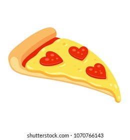 Pizza slice with heart shaped pepperoni for St. Valentines day. Funny pizza lover vector illustration.