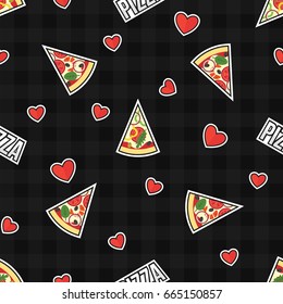 Pizza Slice and Hearts on Dark Plaid Background Vector Seamless Pattern