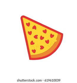 Pizza slice with hearts sticker. Flat icon Vector illustration. Good for menu design.