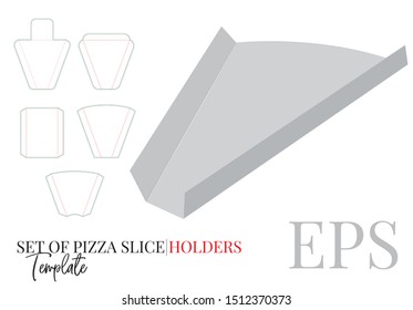 Pizza Slice Holder Vector, template with die cut / laser cut lines. Set with different templates of  pizza slice holders. White, clear, blank, isolated pizza slice holder mock up on white background