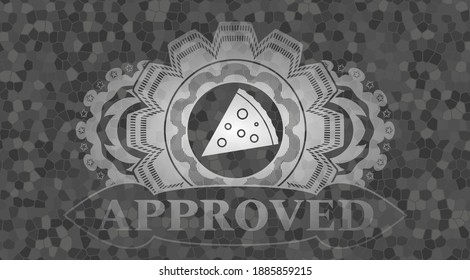 pizza slice icon and Approved text grey color stone wall badge. Rock fashionable background. Intense illustration. 