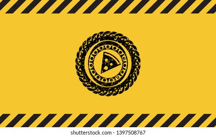 pizza slice icon black grunge emblem, yellow warning sign. Vector Illustration. Detailed.