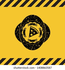pizza slice icon black grunge emblem with yellow background. Vector Illustration. Detailed.