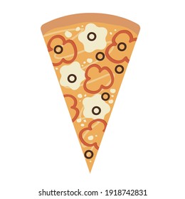 Pizza slice icon. Pizza with with cheese, olives and pepper. Vector illustration isolated on white background.