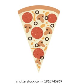 Icono de rebanada de pizza. Pizza con queso, aceitunas, salami y setas. Ilustración vectorial aislada en fondo blanco.
