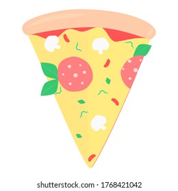 Pizza slice icon. Slice of cheesy pepper pizza with mushrooms and sausage icon. Italian pizza vector illustration. 