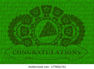 pizza slice icon and Congratulations text grass turf realistic emblem. Eco handsome background. Artistic illustration. 