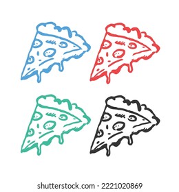 Icono de rebanada de pizza, cortar pizza con salsa, pizza rápida comida vectorial iconos en varios colores