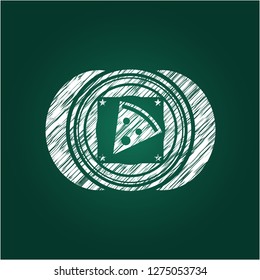 pizza slice icon drawn chalk emblem, retro style, chalk or chalkboard texture