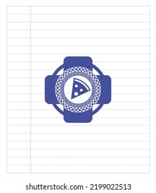 pizza slice icon drawn with pen strokes. Blue ink. Vector Illustration. Detailed. 