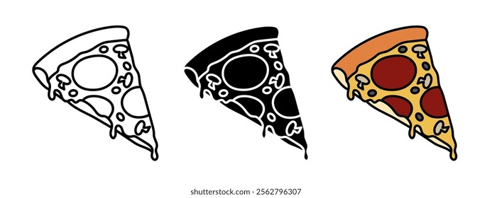 Pizza slice icon. Fast food symbol. Pepperoni pizza with salami, cheese and mushrooms vector illustration. Piece of tasty pizza. Eatery pizzeria logo. Delicious fast food meal. Italian lunch pictogram