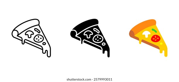 Pizza slice icon. Fast food with toppings sign. Melted cheese on crust symbol. Italian snack with pepperoni pictogram. Takeaway meal illustration.