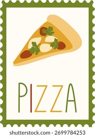 Icono de rebanada de pizza en un marco verde con texto, que representa la entrega de comida italiana