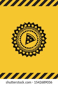 pizza slice icon grunge black emblem with yellow background, warning sign. Vector Illustration. Detailed.