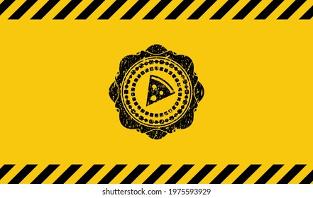 pizza slice icon grunge black emblem with yellow background, warning sign. Vector Illustration. Detailed. 