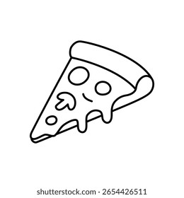 Ícone de fatia de pizza em estilo doodle desenhado à mão, apresentando uma ilustração vetorial de fast food brega para marca de restaurante, gráficos de cozinha italiana, menus de take-way e desenhos de comida de arte de linha mínima