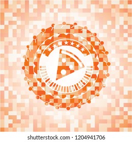 pizza slice icon inside abstract emblem, orange mosaic background