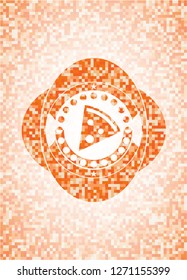 pizza slice icon inside abstract orange mosaic emblem