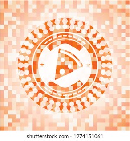 pizza slice icon inside abstract orange mosaic emblem with background