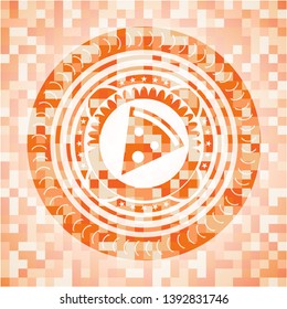 pizza slice icon inside abstract emblem, orange mosaic background