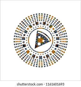 pizza slice icon inside arabesque badge background. arabic decoration.
